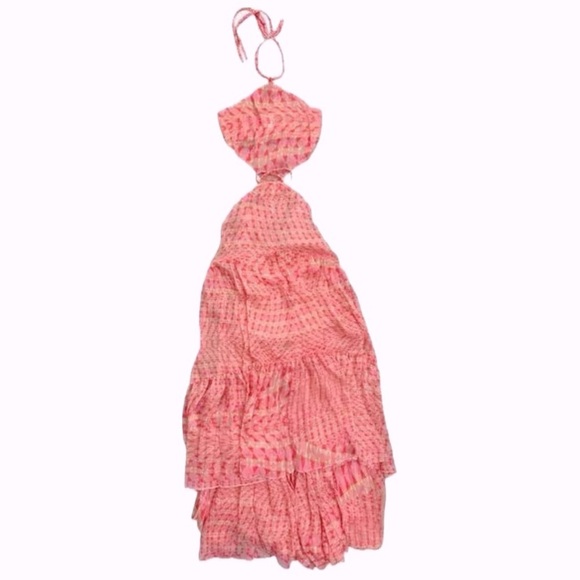 👠🥂 MISA LOS ANGELES Pink Dalia Geo Chiffon Holiday Maxi Dress | Halter NWT Sz L - Picture 1 of 6